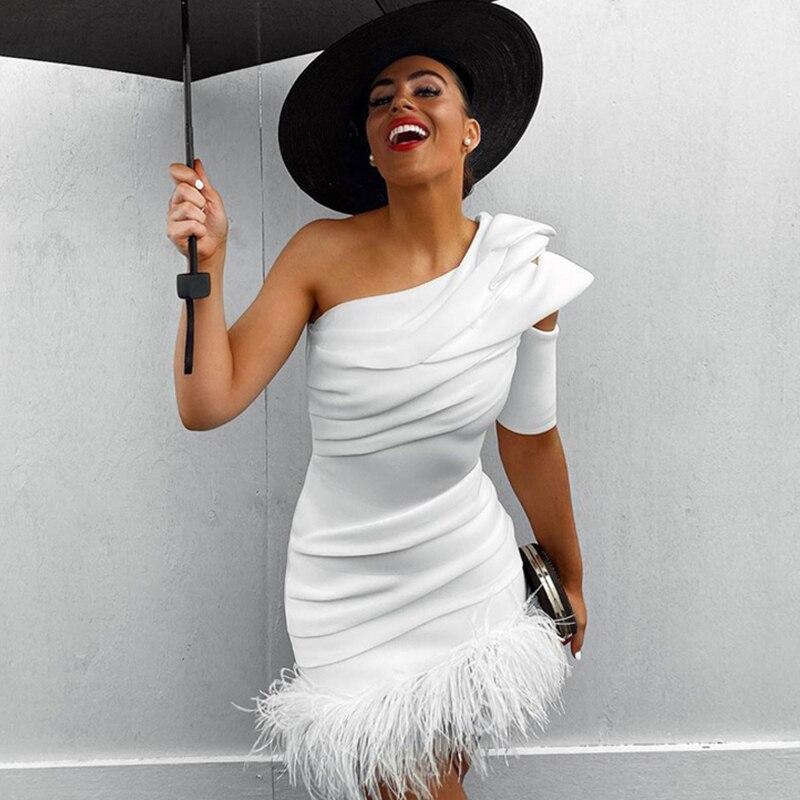 One Shoulder Feather Hem Mini Dress – shopngos