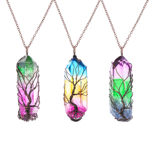 Handmade 7 Chakra Natural Rainbow Stone Tree Of Life Pendant - shopngos