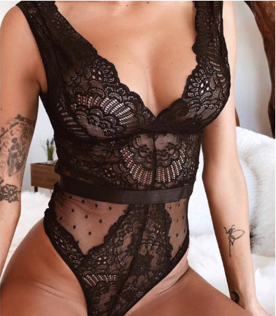 Lace Bodysuit Floral Embroidery Deep V Neck - shopngos