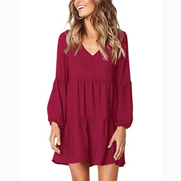 Solid Lantern Long Sleeve party dress V-Neck Draped Knee-Length - shopngos