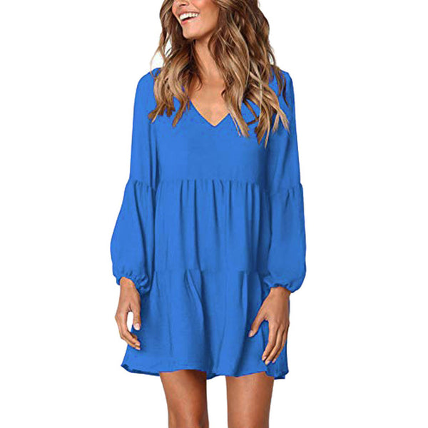 Solid Lantern Long Sleeve party dress V-Neck Draped Knee-Length - shopngos