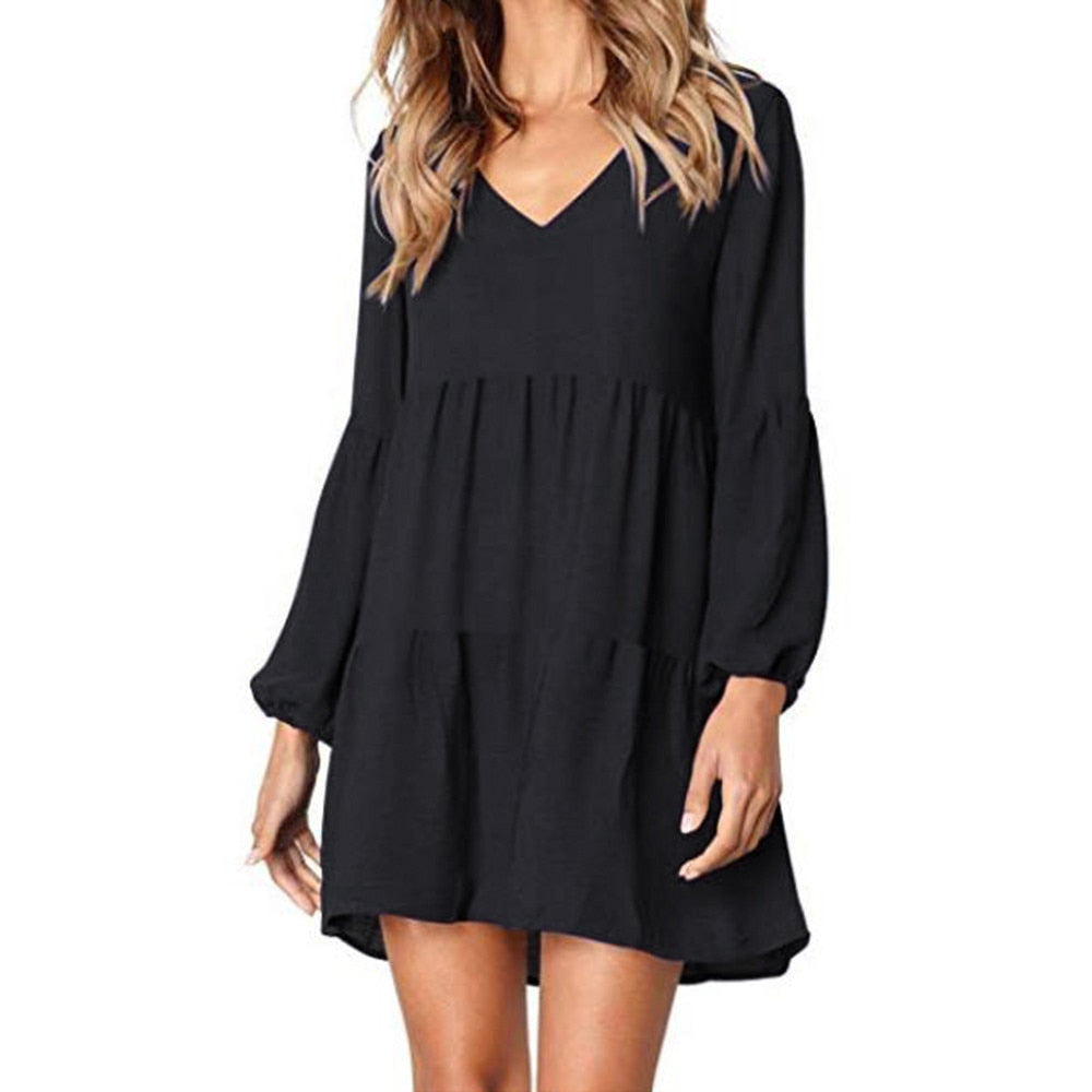 Solid Lantern Long Sleeve party dress V-Neck Draped Knee-Length - shopngos