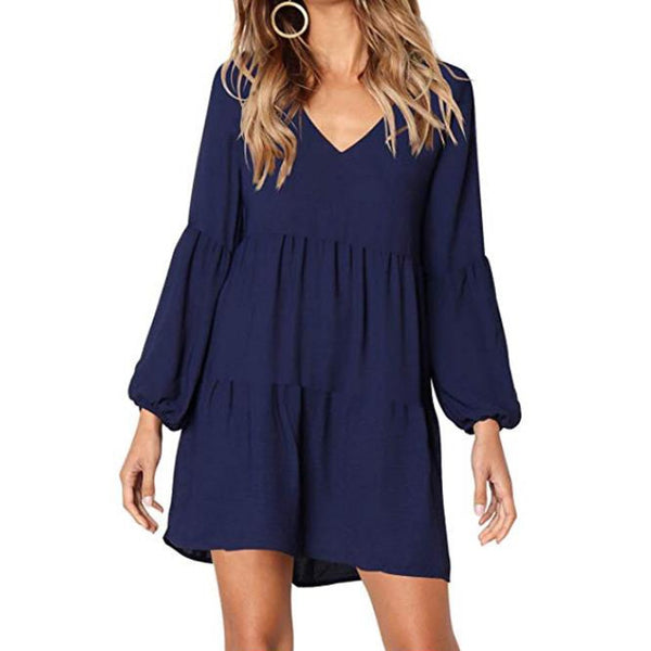 Solid Lantern Long Sleeve party dress V-Neck Draped Knee-Length - shopngos