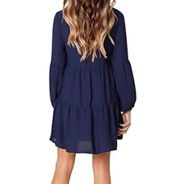 Solid Lantern Long Sleeve party dress V-Neck Draped Knee-Length - shopngos