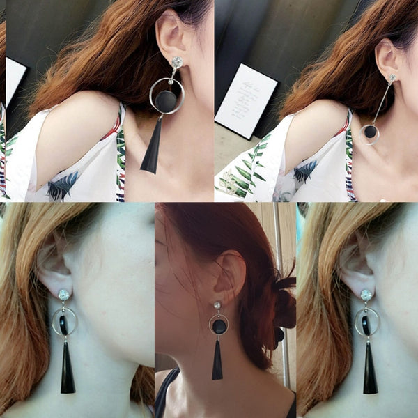 Long Slope Geometric asymmetry Rhinestone circle earrings - shopngos