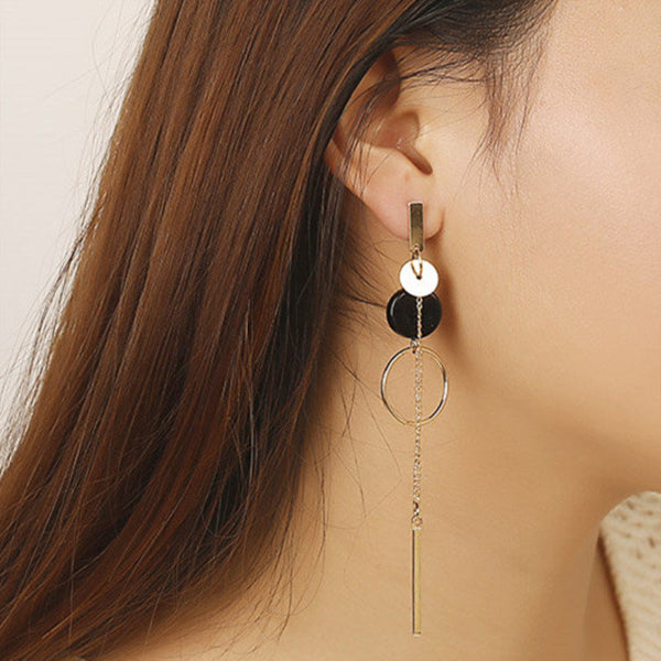 Long Slope Geometric asymmetry Rhinestone circle earrings - shopngos