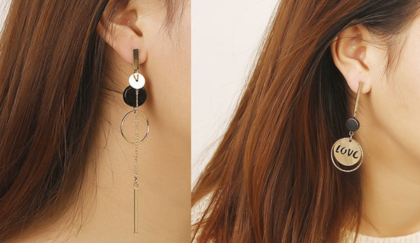 Long Slope Geometric asymmetry Rhinestone circle earrings - shopngos