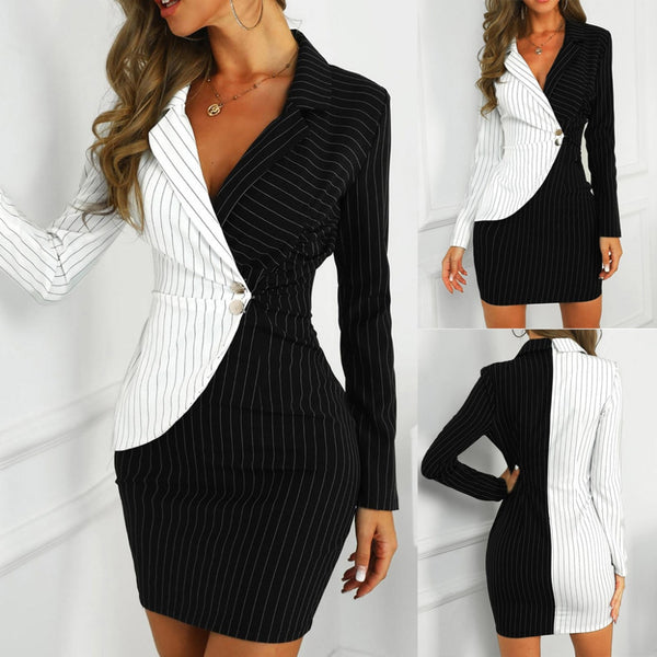 Autumn dress women office lady Sexy solid turn down neck - shopngos