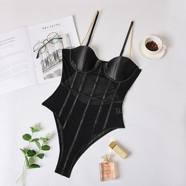 Mesh Transparent Bodysuit Metal Chain Straps Backless - shopngos