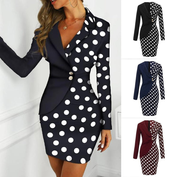 Autumn dress women office lady Sexy solid turn down neck - shopngos