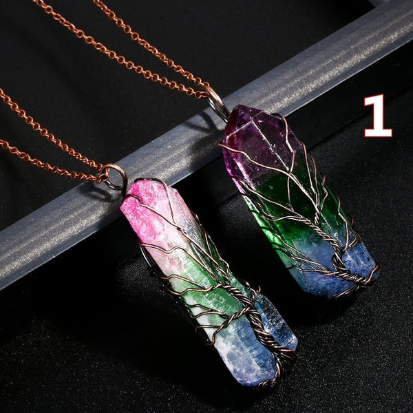 Handmade 7 Chakra Natural Rainbow Stone Tree Of Life Pendant - shopngos