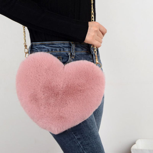 Women's Heart Shaped Faux Fur Crossbody Wallet Purse Chain Shoulder Bag - shopngos