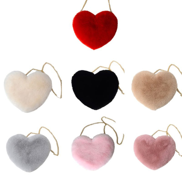 Women's Heart Shaped Faux Fur Crossbody Wallet Purse Chain Shoulder Bag - shopngos