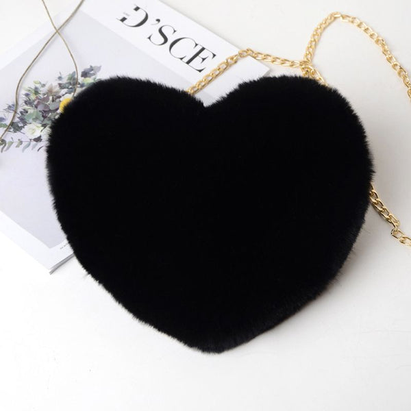 Women's Heart Shaped Faux Fur Crossbody Wallet Purse Chain Shoulder Bag - shopngos