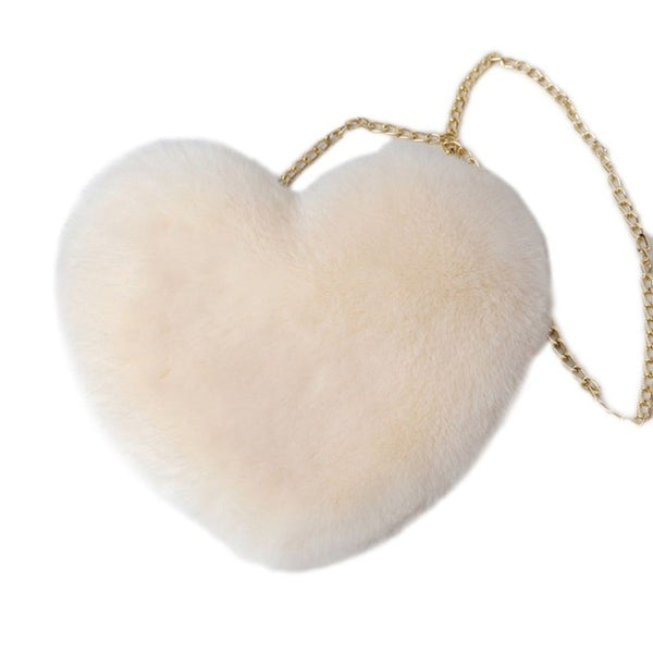 Women's Heart Shaped Faux Fur Crossbody Wallet Purse Chain Shoulder Bag - shopngos