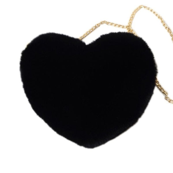 Women's Heart Shaped Faux Fur Crossbody Wallet Purse Chain Shoulder Bag - shopngos