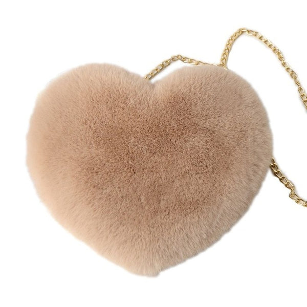 Women's Heart Shaped Faux Fur Crossbody Wallet Purse Chain Shoulder Bag - shopngos