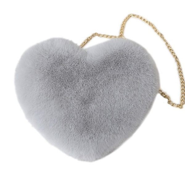 Women's Heart Shaped Faux Fur Crossbody Wallet Purse Chain Shoulder Bag - shopngos