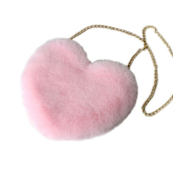 Women's Heart Shaped Faux Fur Crossbody Wallet Purse Chain Shoulder Bag - shopngos