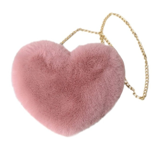 Women's Heart Shaped Faux Fur Crossbody Wallet Purse Chain Shoulder Bag - shopngos