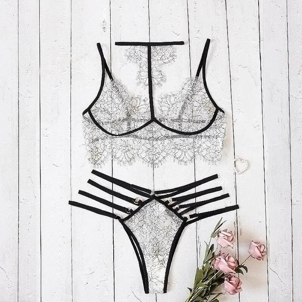 Lace Embroidery Lingerie Set Halter Bra Hollow Thong - shopngos