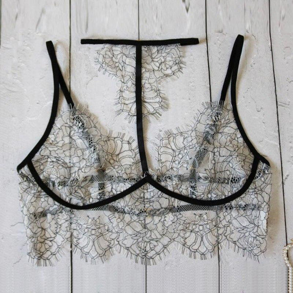 Lace Embroidery Lingerie Set Halter Bra Hollow Thong - shopngos