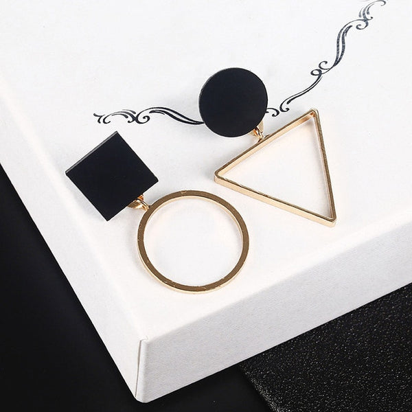 Long Slope Geometric asymmetry Rhinestone circle earrings - shopngos