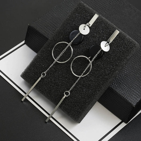 Long Slope Geometric asymmetry Rhinestone circle earrings - shopngos