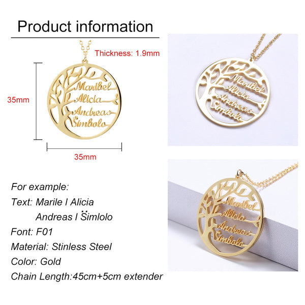 Family Tree Necklace Customized Name Gold Color 925 Sterling Silver Christmas Gift - shopngos